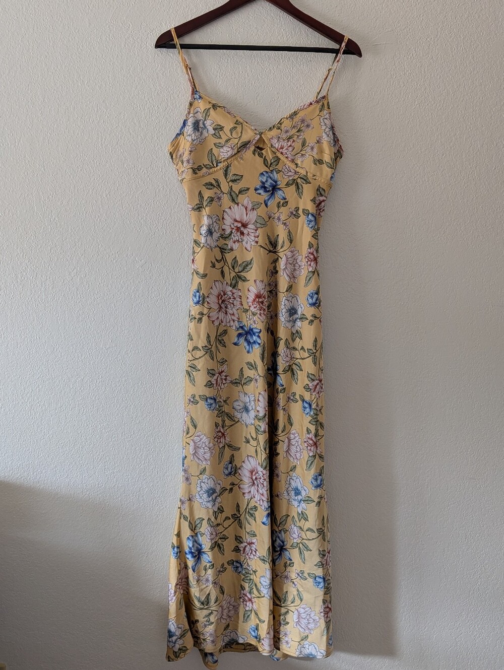 Thirty Thirty LA Satin Yellow Floral Maxi Slip Dress Size L Coquette Y2K